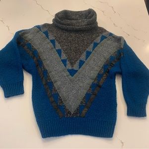 Vintage Long Sleeve Oversized Sweater Blue & Gray Slouchy Neck Pullover Size S